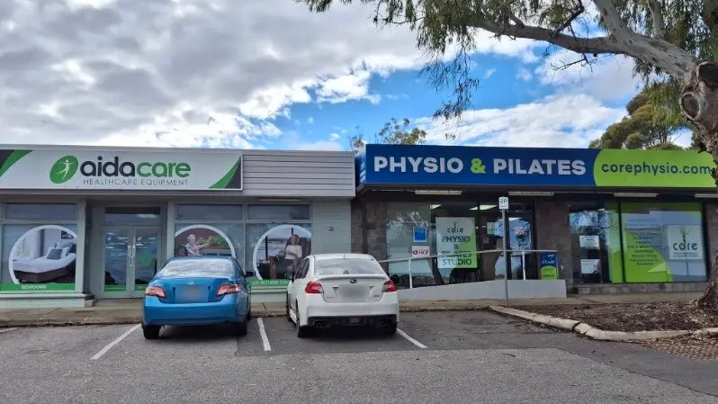 The Core Physio shopfront at 188 Main South Road, Morphett Vale, with its blue “Physio & Pilates” awning